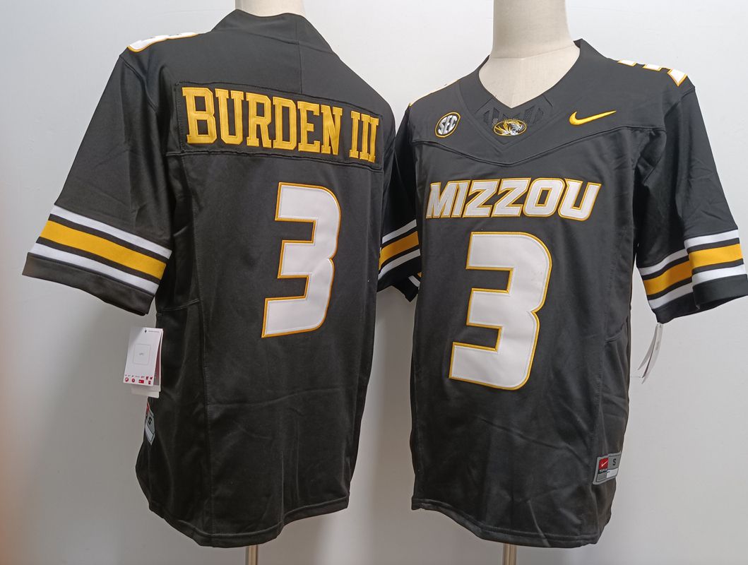 Men Missouri tiger #3 Burden iii Black Nike 2025 NCAA Jersey->more ncaa teams->NCAA Jersey